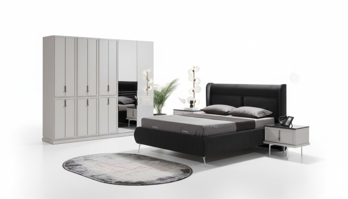 Modern black and white bedroom furniture upholstered bed nightstands 4-piece set