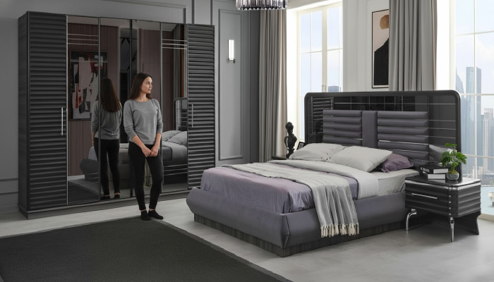 Upholstered bed wooden nightstands wardrobe designer bedroom set
