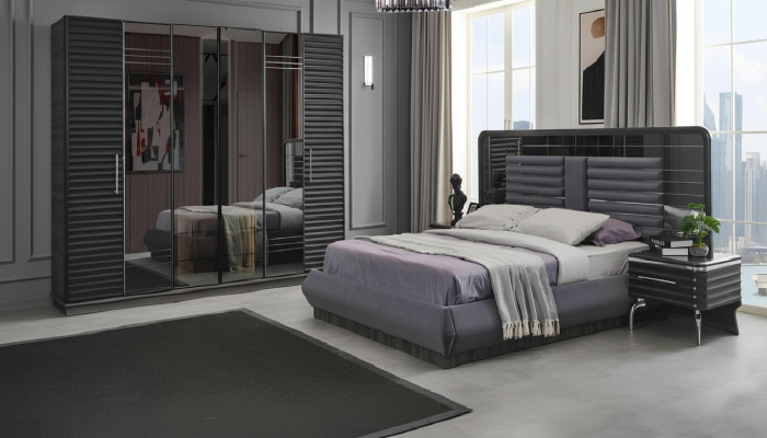 Upholstered bed wooden nightstands wardrobe designer bedroom set