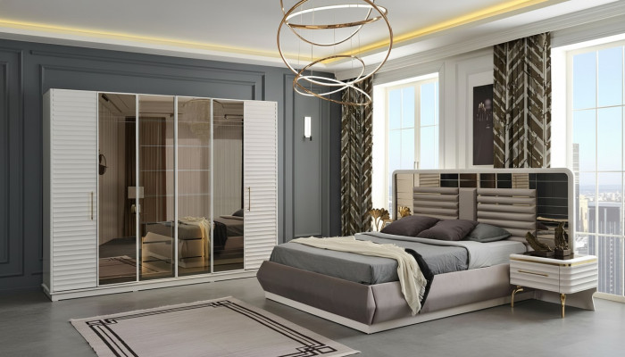 Modern double bed 2 bedside tables wardrobe bedroom set 4-piece