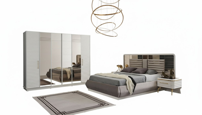 Modern double bed 2 bedside tables wardrobe bedroom set 4-piece