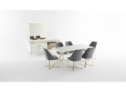 White-Gray Dining Room Set Wooden Table 6x Fabric Chairs Sideboard 9-piece
