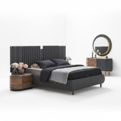 Modern gray bedroom set textile bed wooden nightstands dresser