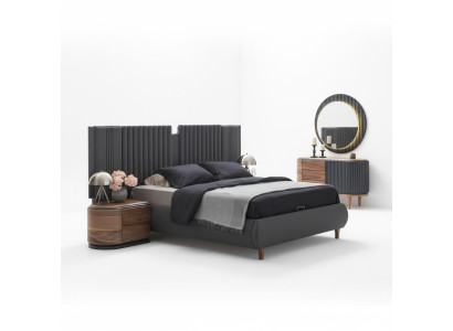 Modern gray bedroom set textile bed wooden nightstands dresser