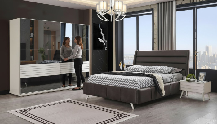 Bedroom furniture glass cabinet designer double bed wood bedside tables 4-piece set