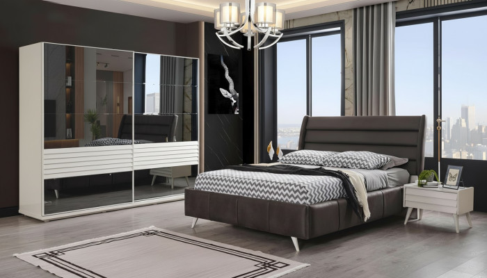 Bedroom furniture glass cabinet designer double bed wood bedside tables 4-piece set