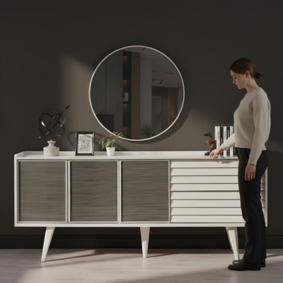 White Sideboard Luxury Round Mirror Designer Wooden Furniture 2-piece Set New