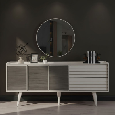 White Sideboard Luxury Round Mirror Designer Wooden Furniture 2-piece Set New