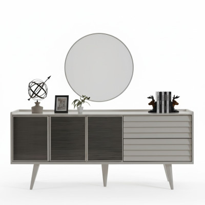 White Sideboard Luxury Round Mirror Designer Wooden Furniture 2-piece Set New