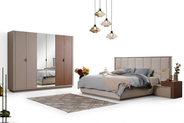 Large beige bedroom set double bed 2x nightstands wardrobe