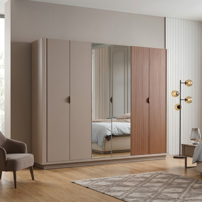 Beige wardrobe bedroom cabinets glass doors 6-door wardrobe