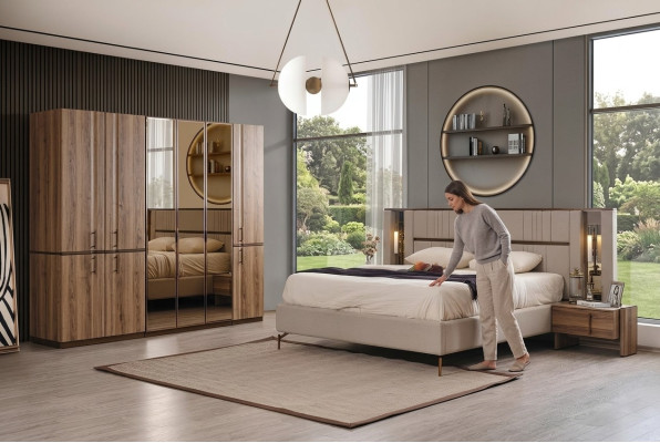 Modern beige double bed, 2 bedside tables, wardrobe, wooden furniture