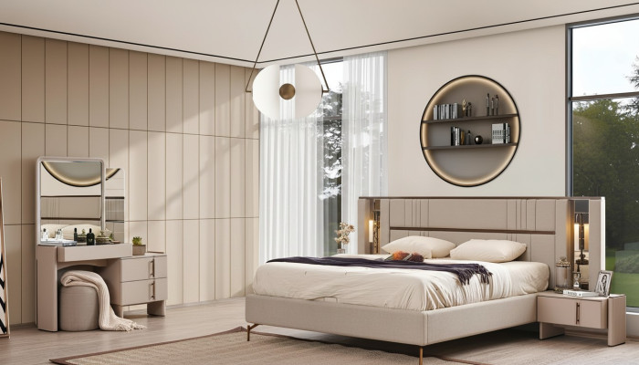 Modern bedroom furniture beige double bed 2x nightstands dressing table