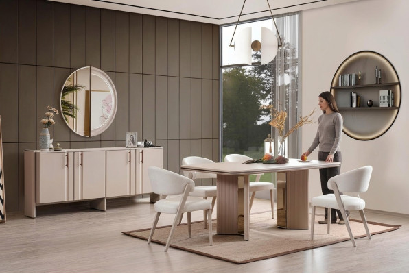 Complete beige dining room set dining table chairs sideboard mirror