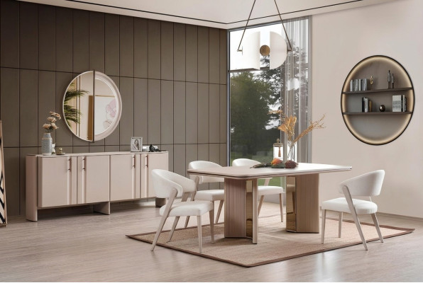 Complete beige dining room set dining table chairs sideboard mirror