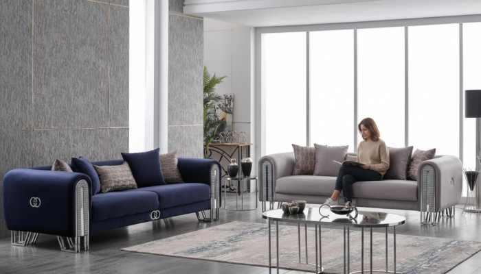 Velvet Couch Silver Luxury Sofa Set 3+3 Seater Sofas 2-piece.