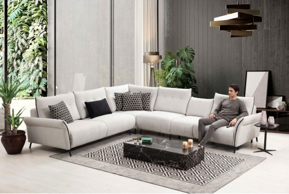 White L-shaped sofa living room upholstered textile sofa couch modern furniture