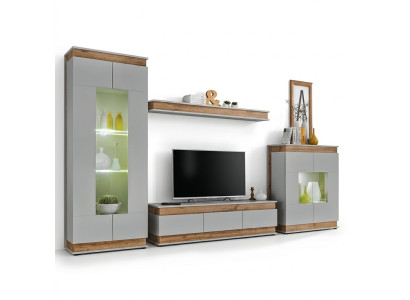 Modern gray-brown wooden wall with TV stand and 2 luxury display cabinets