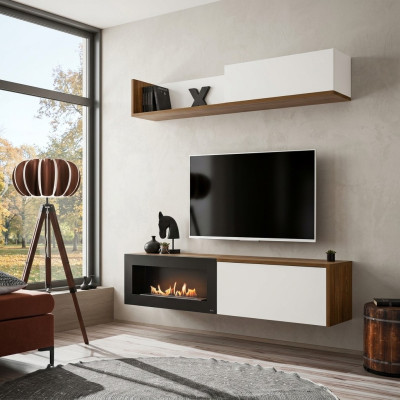 Living Room TV Stand with Fireplace Wall Unit Shelf Wood Furniture New