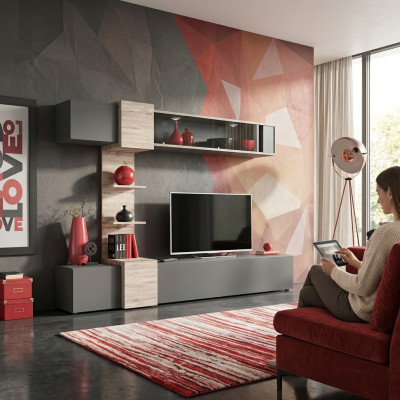Modern wall ensemble design for living room with gray shelves and TV stand