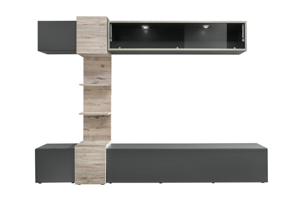 Modern wall ensemble design for living room with gray shelves and TV stand