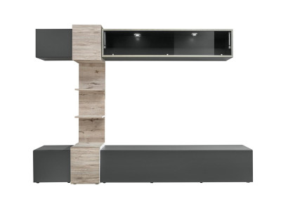 Modern wall ensemble design for living room with gray shelves and TV stand