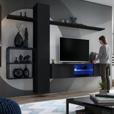 Black wall unit, wall shelves, living room furniture, luxury set, 5-piece