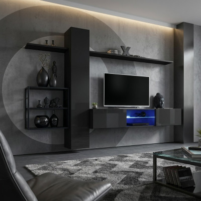 Black wall unit, wall shelves, living room furniture, luxury set, 5-piece