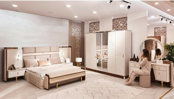 Set bedroom bed luxury wardrobe 2x bedside tables design vanity table
