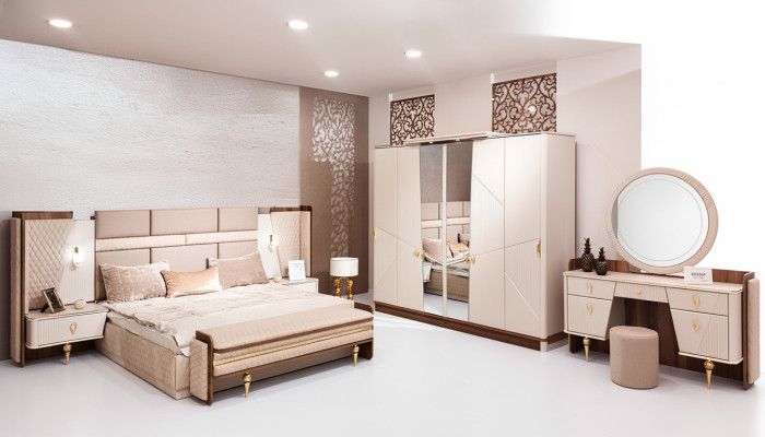Set bedroom bed luxury wardrobe 2x bedside tables design vanity table