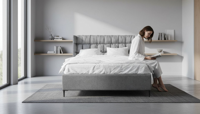 Gray double bed classic bedroom furniture design elegant fabric bed