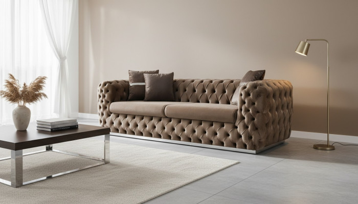 Sofa 3-seater upholstered sofa brown textile seat design couch modern Chesterfield