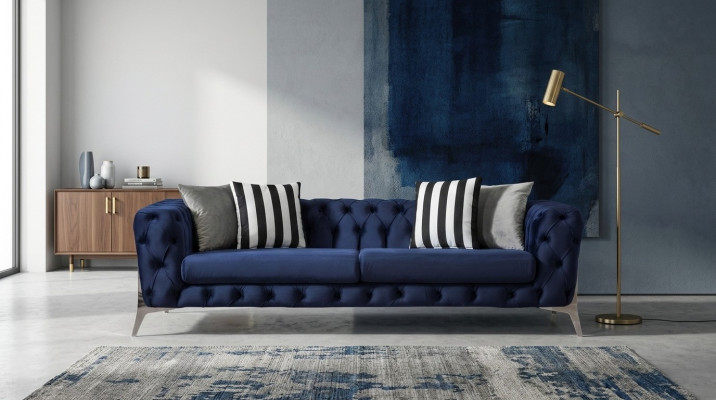 Chesterfield Sofa 3 Seater Blue Velvet Luxurious Furniture for Living Room Sofas