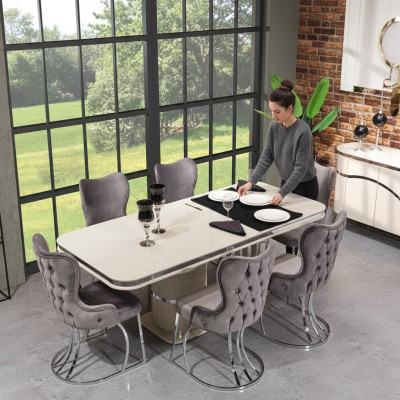 Table 6x Chairs 7-piece Dining Room Wooden Table Dining Room Set Group Design