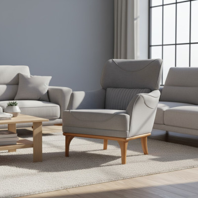 Comfortable gray armchair made from luxurious fabric for the living room, new.