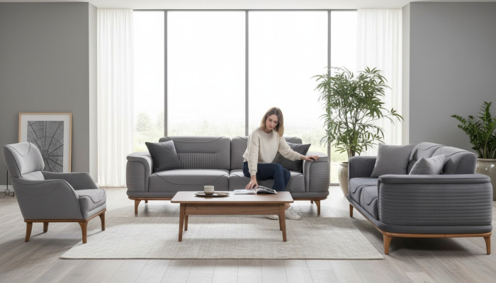 Modern Gray Upholstered Furniture Set: Sofas and Armchairs for Living Room New