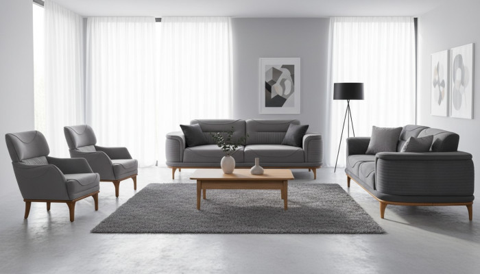 Modern Gray Upholstered Furniture Set: Sofas and Armchairs for Living Room New