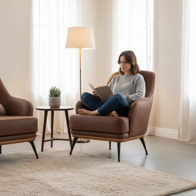Cozy designer armchair made of brown fabric for the living room new