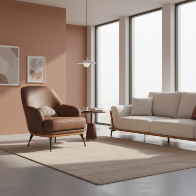 Cozy designer armchair made of brown fabric for the living room new