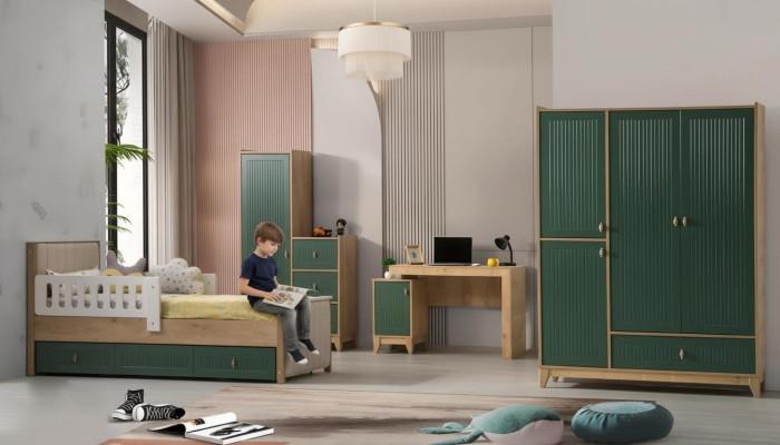 Children's room set consists of bed + two wardrobes + desk, 4-piece set.