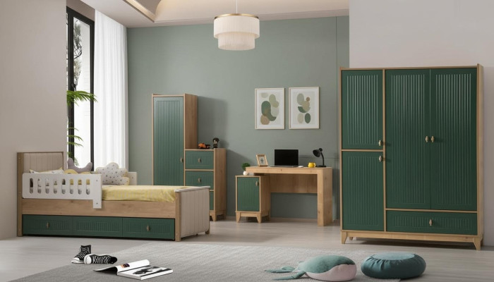 Children's room set consists of bed + two wardrobes + desk, 4-piece set.