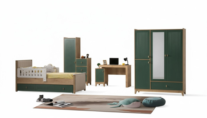 Children's room set consists of bed + two wardrobes + desk, 4-piece set.