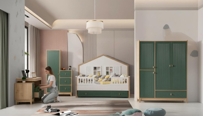 Children's room set consists of a bed, 2 wardrobes, and a desk.
