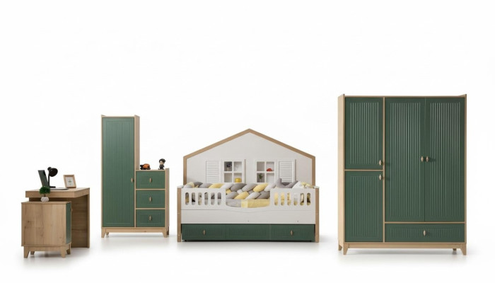 Children's room set consists of a bed, 2 wardrobes, and a desk.