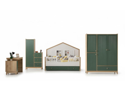 Children's room set consists of a bed, 2 wardrobes, and a desk.