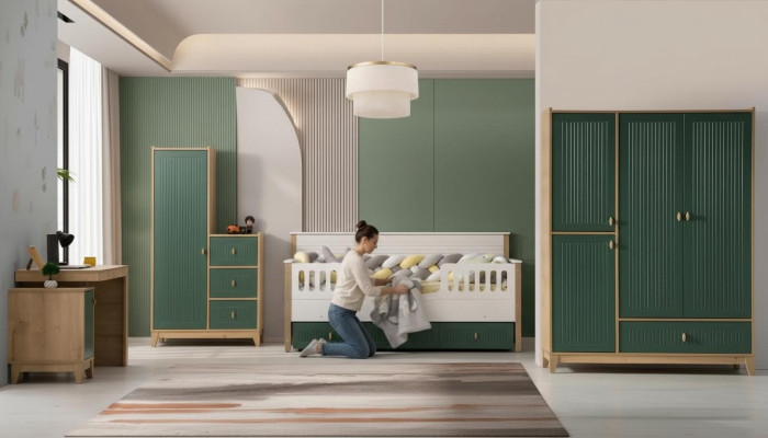 Stylish children's room set consists of a bed, 2 wardrobes, and a desk.