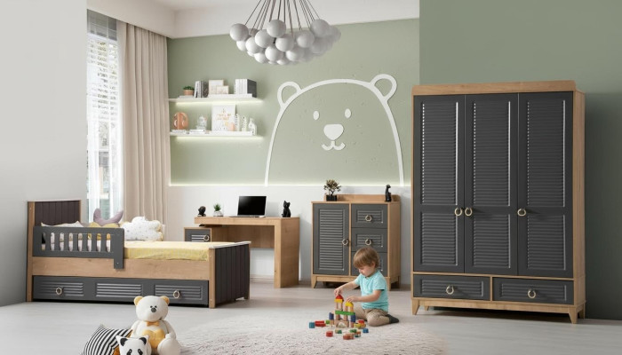 Complete Children's Furniture Kid's Bed Wood Furniture Set 4-piece Children's Room Gray