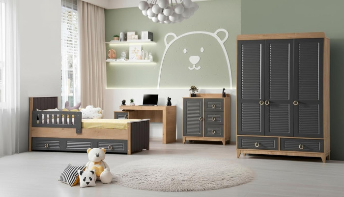 Complete Children's Furniture Kid's Bed Wood Furniture Set 4-piece Children's Room Gray