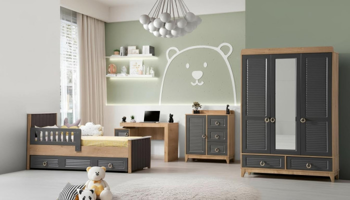 Complete Children's Furniture Kid's Bed Wood Furniture Set 4-piece Children's Room Gray