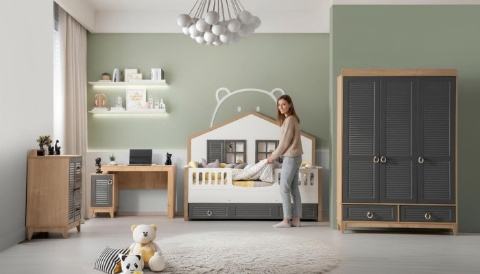 Luxurious Complete Children's Furniture Bed Wood Set 4-piece Children's Room Gray
